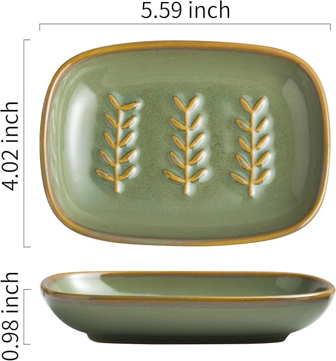 Miamolo Soap Dish Soap Holder Shower, Ceramic Soap Dishes for Bar Soap Sponge, Shower Soap Dish Soap Saver Tray for Bathroom Kitchen Sink, Easy to Clean, Green