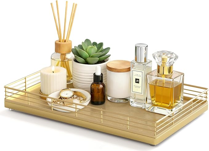 Large Bathroom Vanity Tray – 13" x 8" Oak Decorative Wooden Tray for Bathroom Countertop & Vanity Organizer, Rectangular Wood Tray for Perfume, Skincare, Storage, Vanity Dresser Counter Decor, Gold