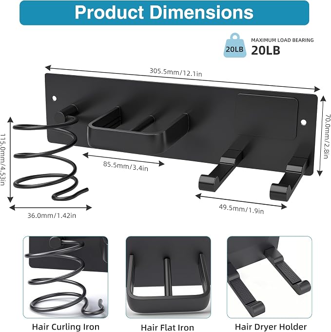 Hair Dryer Holder Hair Tool Organizer Metal Wall Mount(Matte Black) | Heat Resistant Hair Tool Organizer, Metal Wall Mount Storage, Bathroom Counter Space Saver, Blow Dryer Holder