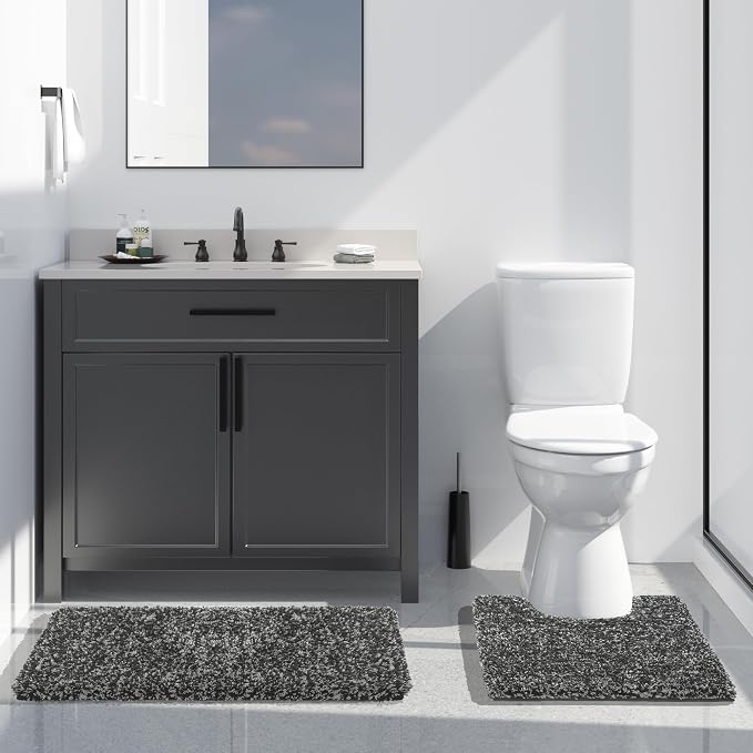 Yimobra Toilet Rugs U Shaped 24X20, Ultra Soft and Water Absorbent Bath Mats, Non Slip Fluffy Luxury polyester Contour Bath Rugs for Toilet, Dry Quick, Machine Washable, Light Gray and Black Gray