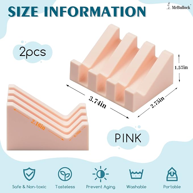 Self Draining Silicone Soap Dish Holder Waterfall Tray, 2 Pack Green Pink | Waterfall design drains fast to keep soap dry, non-slip silicone base anti slide, soap saver for bathroom & kitchen