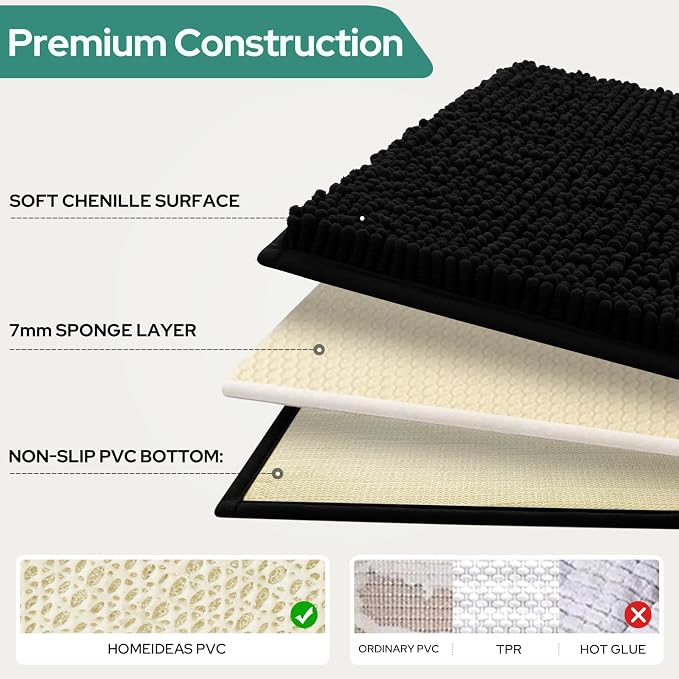 HOMEIDEAS 3 Pieces Black Bathroom Rugs Set, Ultra Soft Non Slip Bath Rug and Absorbent Chenille Bath Mat, Includes U-Shaped Contour Rug, Bath Mat and Toilet Lid Cover, Perfect for Bathroom, Tub