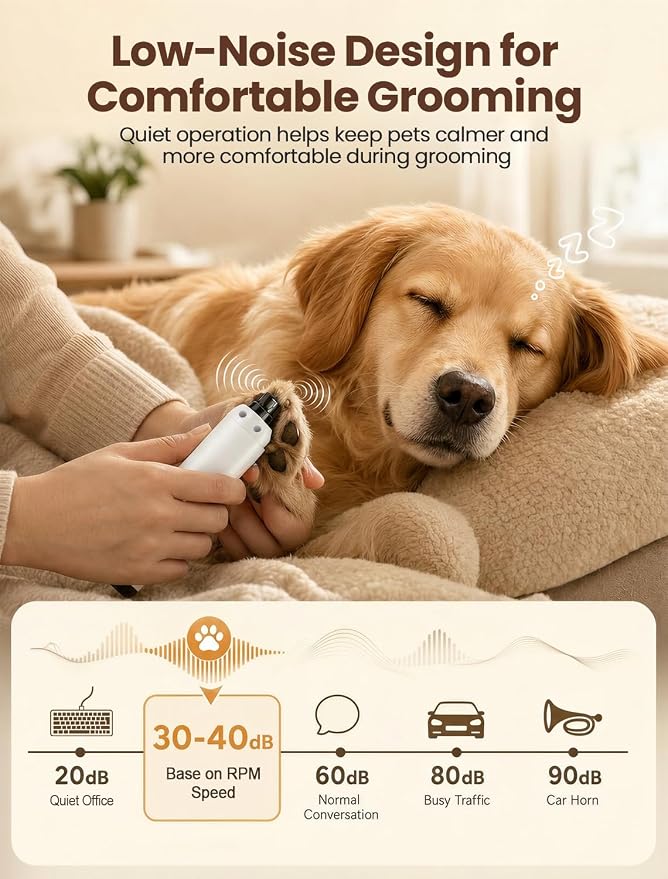 Dog Nail Grinder, Quiet 6-Speed Electric Pet Nail Trimmer with Upgraded Motor, 2 LED Lights, LCD Display, Type-C Charging, 1200mAh Battery, 3 Diamond Grinding Wheels for Dogs and Cats