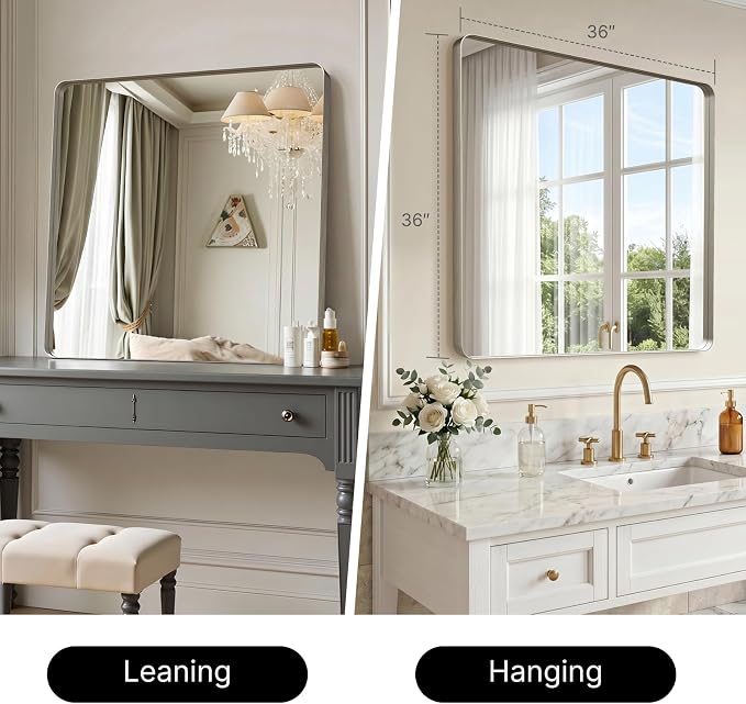 36"x36" Bathroom Vanity Mirror for Wall Aluminum Framed Farmhouse Rectangle | Anti-Rust, HD Reflection Anti-Desilvering, Distortion Free, Tempered and Shatter-Proof Wall Mounted Mirror, Brushed Nickel