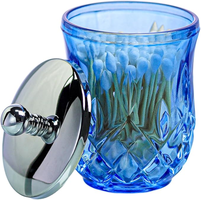 10Oz Blue Glass Q-Tip Holder, Thick Glass & Silver Lid | Round Design, for Q-Tips, Cotton Pads, Jewelry, Candy, Square