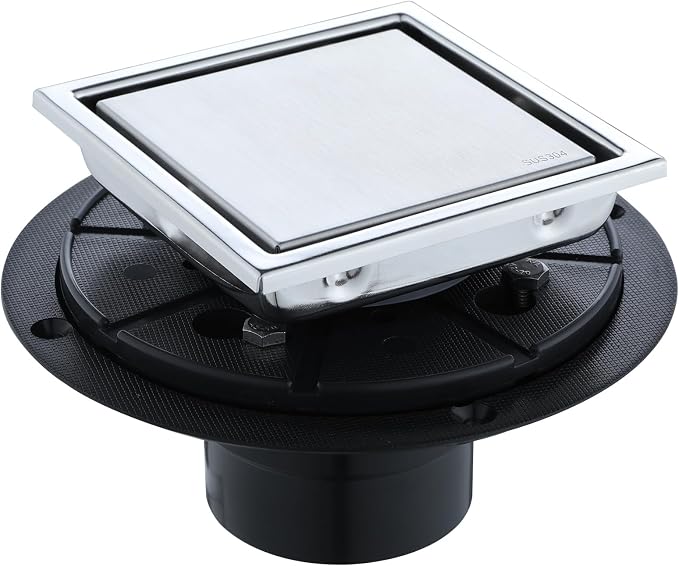 4-Inch Square Shower Drain, Brushed Nickel Floor Drain with Flange, 304 Stainless Steel Bathroom 2-in-1 Tile Drain