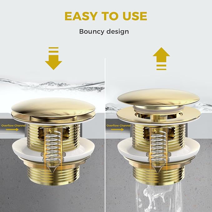 BOTEMY Solid Brass Pop-Up Drain for Freestanding Tubs, Tool-Free Installation Bathtub Drain Stopper with Brushed Gold Finish, Universal Fit 1.8" Hole Size, Leak-Proof Heavy Duty Design (Brushed Gold)