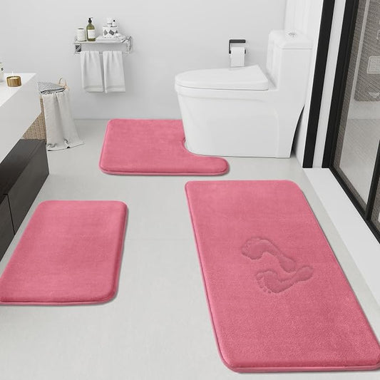 HUXMEYSON Bathroom Rugs Sets 3 Piece, Non-Slip & Quick Dry Bath Mat Set, Ultra Soft Velvet Bath Rugs for Bathroom, Toilet and Shower Floor, Pink