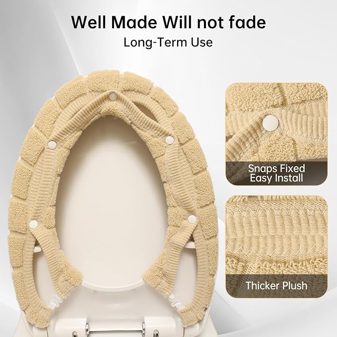 Toilet Seat Cover with Snaps Fixed,Thick Warmer,Machine Washable(beige) | soft thicker warm,easy to install,stretchable,non slip pad,stay in place,universal size,fit most toilet,reusable portable