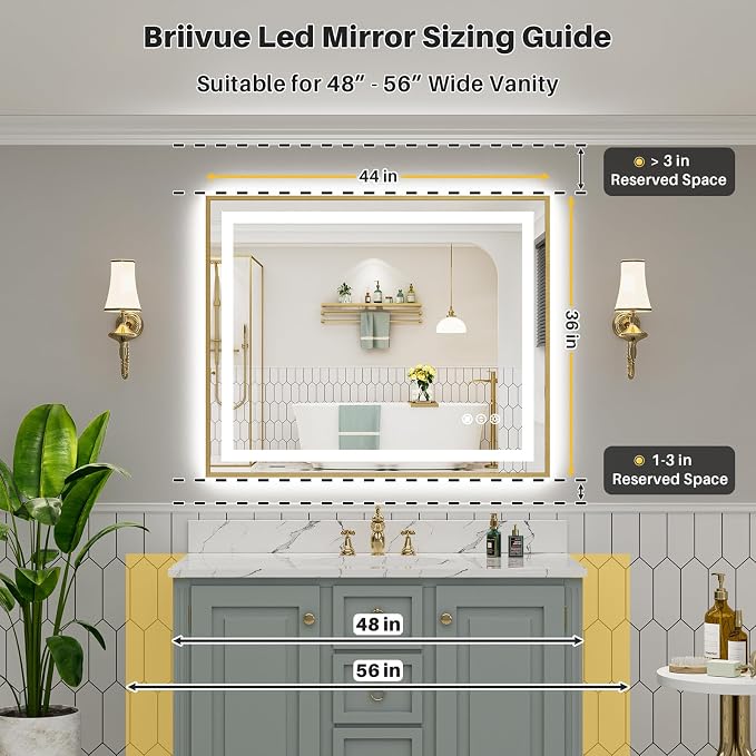 44x36 Inch LED Bathroom Mirror with Gold Frame, Backlit & Front Lit | Anti-fog, 3 Color Dimmable, Memory Function, HD Reflection Tempered Glass, ETL Listed, IP54 Waterproof