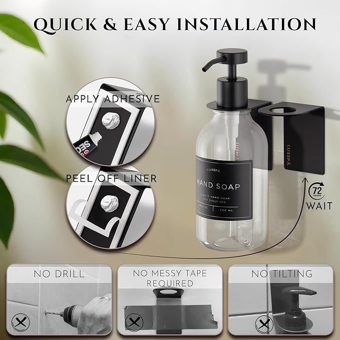 Shower Shampoo Dispenser Wall Mounted – Refillable 16.9 oz Clear Bottle with Stainless Steel Pump & No-Drill Adhesive Holder – Soap Dispenser for Bathroom (1 X Clear/Black)