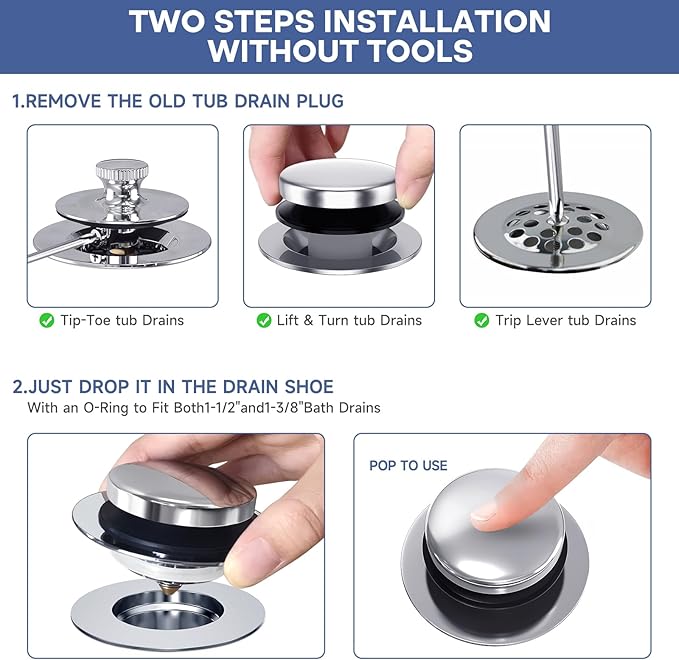 Chrome Plated Universal Tip Toe Tub Stopper and Water Stopper, Pop Up Bathtub Drains Plug, Bathroom Bath Tub Drain Stoppers, Replaces Lift and Turn, Tip-Toe and Trip Lever drains for Tub, EZ Install