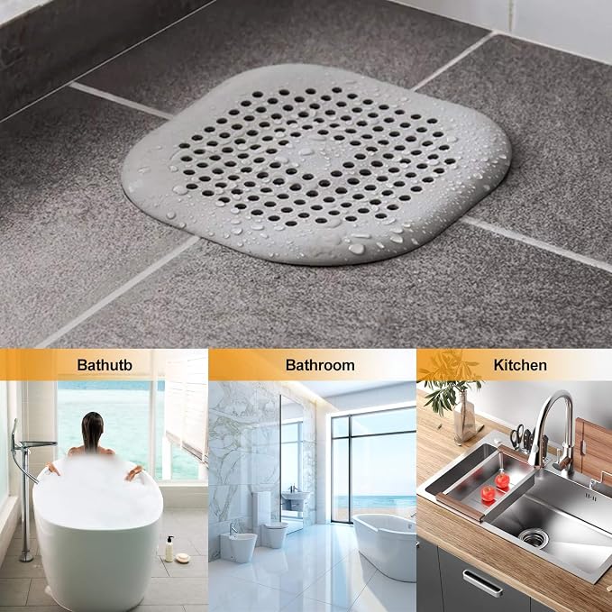 Bovinde Hair Drain Catcher,Square Cover for Shower 2 Pack (Sliver Grey) | Drainer Cover Silicone Hair Stopper with Suction Cups,Protector Accessories,Easy to Install Suit for Bathroom,Bathtub,Sink
