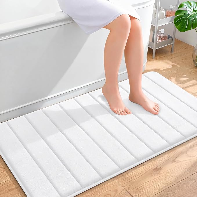 OLANLY Memory Foam Long Bathroom Rugs Runner 44x24, Super Soft Absorbent | White, Quick Dry Bath Mat, Machine Washable Shower Floor Rugs, Bathmat Carpet for Bathroom Floor, Tub and Shower