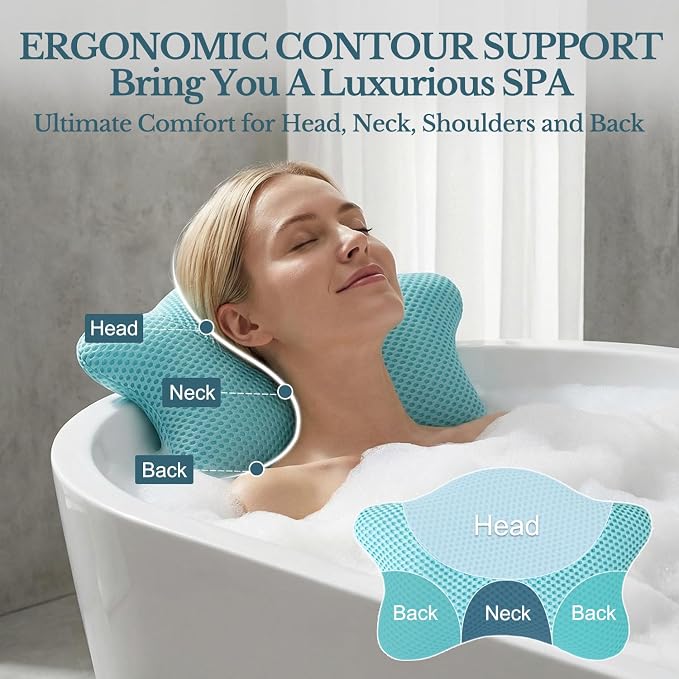 Non Slip Bath Pillow, Luxury Spa Bathtub Head & Neck Rest Support, Permeable Quick Drying Air Mesh Tub Pillow with 4 Large Suction Cups, Fits Any Tubs, Soft and Relaxing-Lake Blue