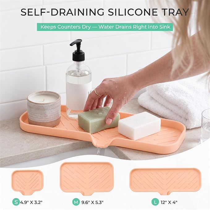 MicoYang Silicone Soap Dish with Drain Spout — Self-Draining Double Sink Organizer Tray for Kitchen & Bathroom, Dispensers, Sponges & Soap Holder, Non-Slip & Dishwasher Safe, Pink (Large, 12"×4")