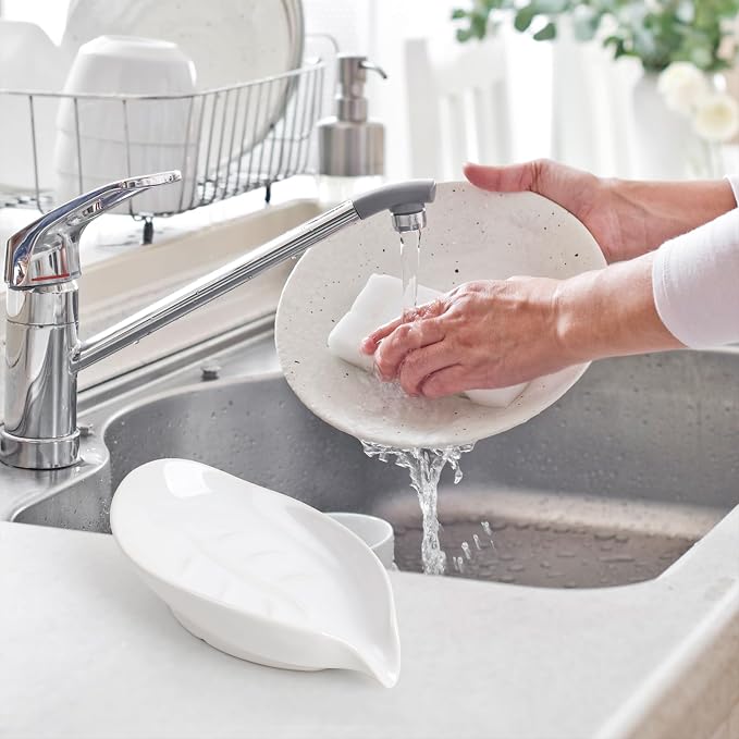 Soap Holder, Self-Draining Soap Dish, White Leaf Shape Ceramic Bar Soap Holder Drain Soap Dishes for Bathroom Sink Kitchen, Easy to Clean Keeps Soap Dry, ANTIS'S HOME