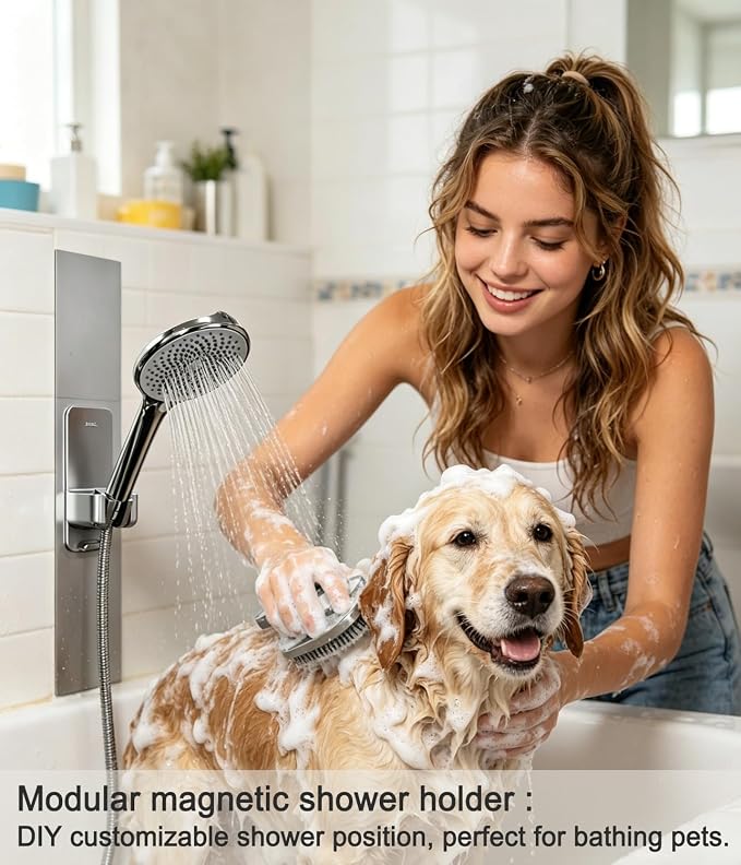 Modular Magnetic Handheld Shower Head Holder, 5-Section Customizable Sliding Rail with Tool-Free Adhesive Installation, Adjustable Height and Angle for Shower Chairs, Kids, Pets, Elderly, RV, Bathtub