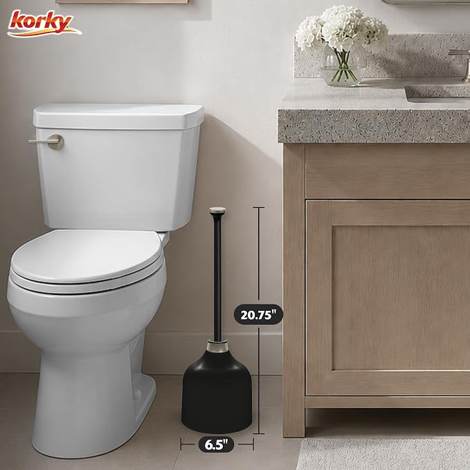 Korky Black Toilet Plunger and Holder – Fast Clog Removal - Made in USA