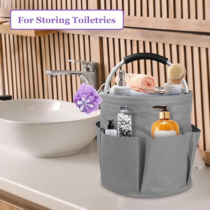 2Pcs Cleaning Caddy with Handle and 6 Pockets, 17L Foldable Cleaning Tote Bag, Portable Shower Caddy in 600D Oxford Fabric, Multifunctional Storage Basket for Camping, Garden, Dark Gray