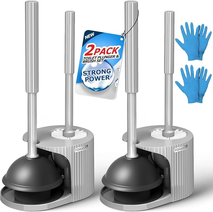 FORASTO 2Pack 3in1 Toilet Brush and Plunger Set - Bathroom Bowl Holder Kit | 21", Cleaning Gloves, Heavy Duty Rubber Toilet Bowl Cleaner, Apartment Must Haves Bathroom Decor Accessories, Charcoal Gray