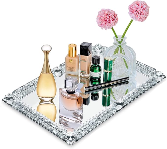 Mirror Perfume Tray for Dresser,Crushed Diamond Filled Glass Vanity Tray,Decorative Bathroom Tray,Crystal Tray for Home Decorative,Party,Hotel Banquet,11.8"x 7.9"x1.2",Silver