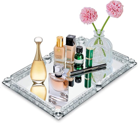 Mirror Perfume Tray for Dresser,Crushed Diamond Filled Glass Vanity Tray,Decorative Bathroom Tray,Crystal Tray for Home Decorative,Party,Hotel Banquet,11.8"x 7.9"x1.2",Silver