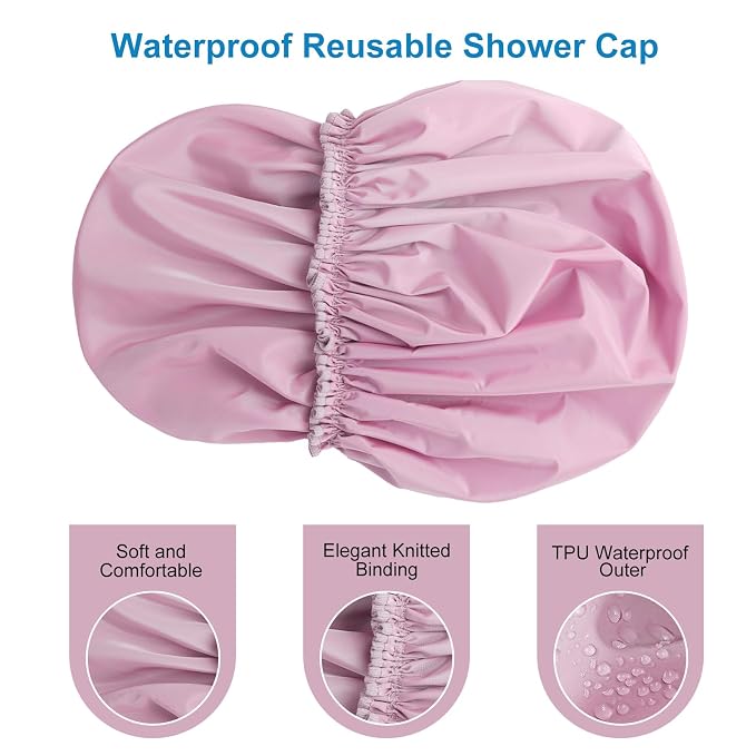 Shower Cap for Women, Large Waterproof Shower Bonnet | Double Layer, Reusable Hair Protector, Washable Large Bath Cap, Wide Elastic Band, for Long Hair, Braids - Purple