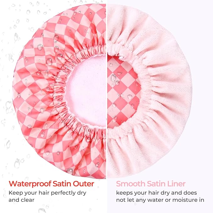 Shower Cap for Women Terry Lined Bath Cap Large Reusable Waterproof Elastic Pink Checkered Shower Caps for Long Thick Hair Soft Bath Shower Hair Caps