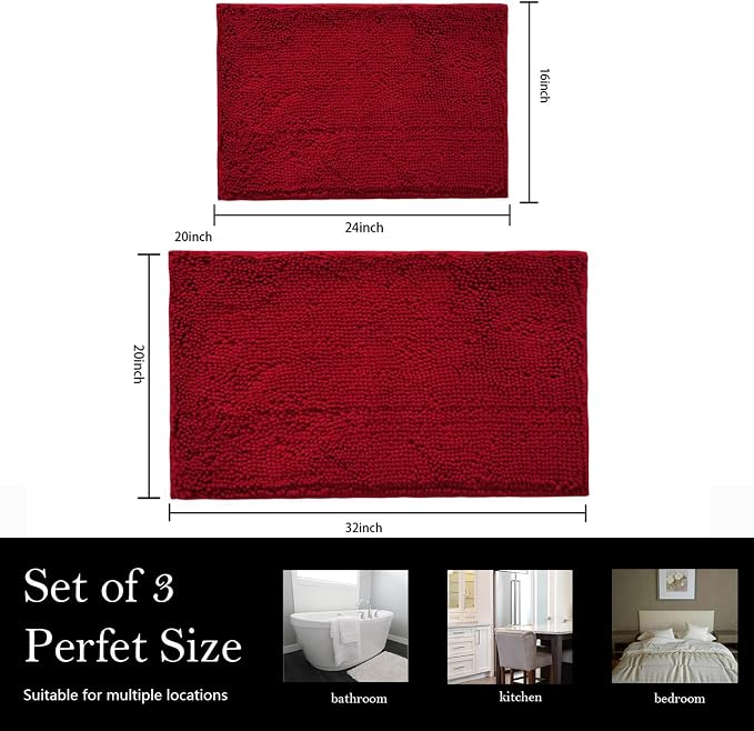 Bathroom Rugs Chenille Bath mat 2 Piece Set, Super Absorbent, PVC Non Slip Backing, Bath mats for Bathroom, Plush Shaggy, Thick, Machine Washable, Bathtub, Shower, Toilet.(Burgundy)
