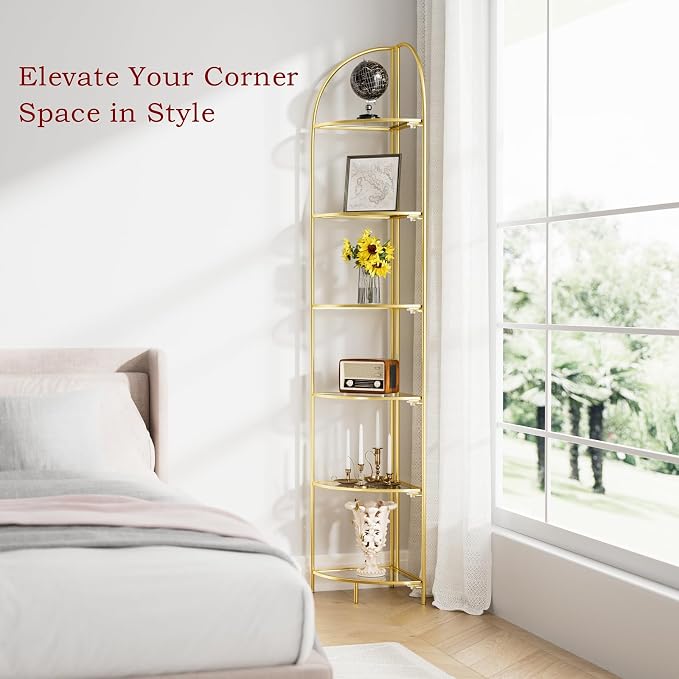 Crofy Foldable 6 Tier Corner Shelf, Metal Corner Plant Stand with Gold Frame and Transparent Shelves, Corner Display Rack Multipurpose Shelving Unit for Living Room, Bedroom, Bathroom