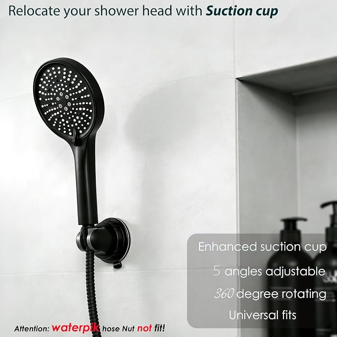 Hand held Showerhead Holder Wall Mounted with Suction Cup - Reusable- Wide Anlge Adustable Shower Hose Holder (Matte Black)