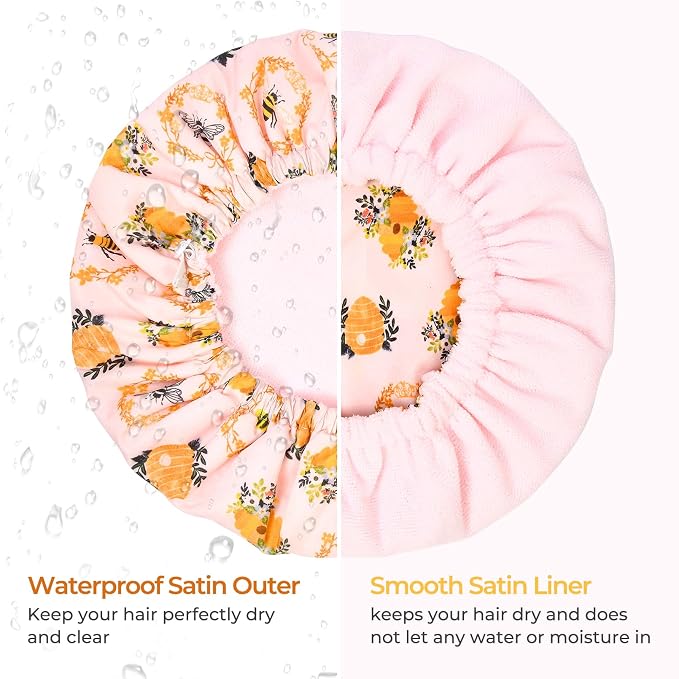 Shower Cap for Women Terry Lined Bee Bath Cap Large Reusable Waterproof Elastic Band Beekeeper Shower Caps for Long Thick Hair Soft Bath Shower Hair Caps