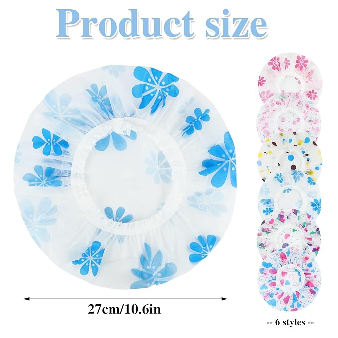 6 Pcs Shower Caps, Waterproof Bath Caps Plastic Reusable Shower Caps Elastic Band Bath Hair Caps for Women Kids | PE material, 10.6 in, elastic fit, travel-friendly, for women, kids, bathing, makeup, hair care, cooking