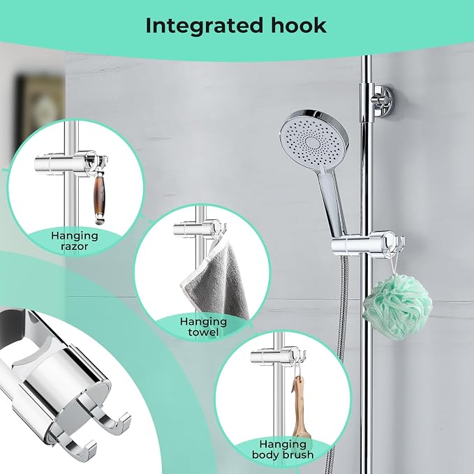 Shower Head Holder with 2 Hooks for 20.5-23.5mm Showerhead, Adjustable Shower Head Bracket for 16-27mm Sliding Rod, Chrome Plated Shower Holder Replacement