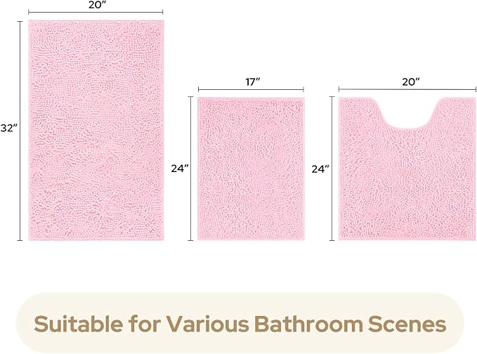 HOMEIDEAS Light Pink Chenille Bathroom Rugs Set of 3, Non Slip Bath Mat | Super Absorbent, Soft Microfiber, Machine Washable, Stain Resistant, for Bathroom Decor