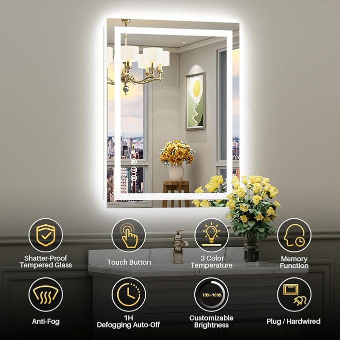 Briivue 28x32 Inch LED Bathroom Mirror with Lights, Backlit & Front Lit | Anti-fog, 3 Color Dimmable, Memory Function, HD Reflection Tempered Glass, ETL Listed, IP54 Waterproof