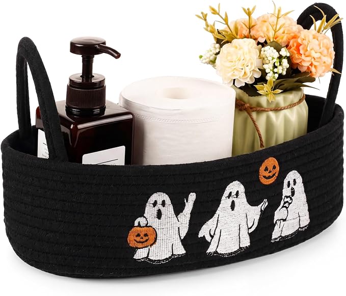 Vesici Halloween Ghost Woven Storage Basket for Toilet Tank Top Black Cotton Rope Bathroom Countertop Organizer Basket with Handle Halloween Bathroom Decor for Bedroom Nursery, 13 x 6 x 4 Inch