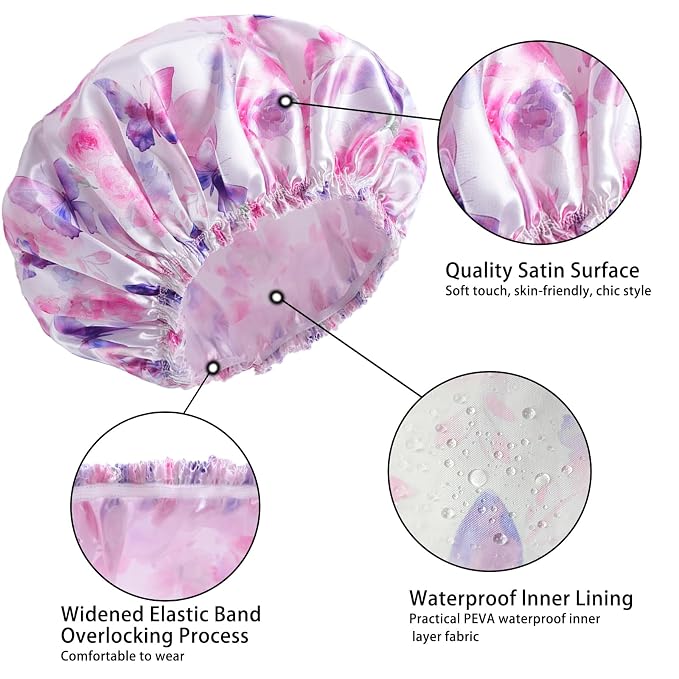 Shower Caps for Women, 4 PCS Reusable Waterproof Bath Cap | Double Layer, Washable, Wide Elastic Band, Holds Long Hair, Caps for Bath Accessories, Spa, Travel Home - Butterfly C