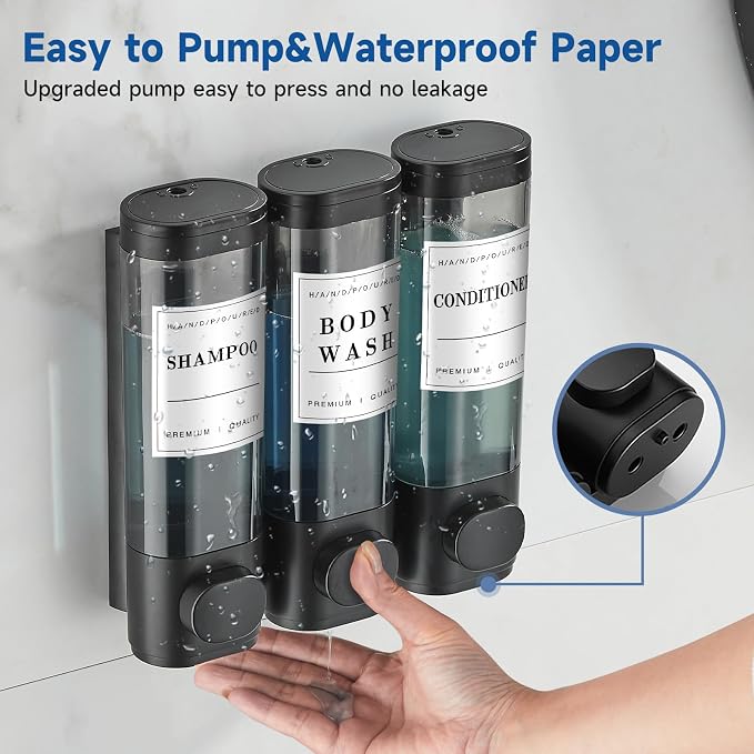 3 Chamber Wall-Mounted Shampoo and Conditioner Dispenser for Shower - No Drill, Large Capacity Soap Dispenser for Bathroom and Hotel, Black