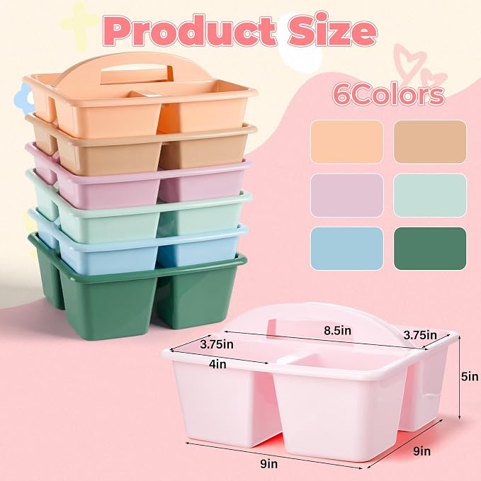 Kathfly 6 Pack Classroom Caddy Organizer with Handle, Plastic Art Craft Cleaning Caddy Bulk, Small Multipurpose Supply Organization Storage Basket for Table Desk Office Pencil Teacher (Morandi Color)