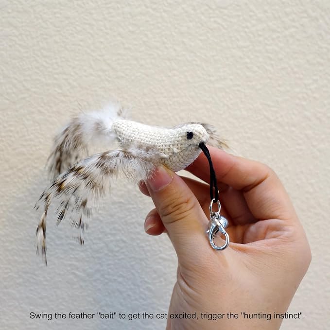 TTcat 4 Pack Linen Bird Cat Wand Refills, Natural Feather Detachable Replacement Toy Heads with Bell, Universal Lobster Clip-on Cat Teaser Attachments, Indoor Kitten Hunting Boredom Relief Prey Toy.