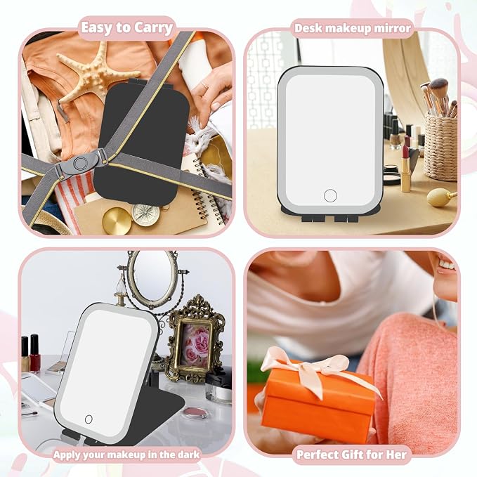 Travel Makeup Mirror, Portable Rechargeable Mirror with Lights | USB-Rechargeable, 3 Color LED Lighting, Adjustable Brightness, 7.9x5.4 inch, 1200mAh Battery, Gift for Women and Girls, Black