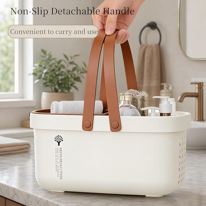 Pulseplay Plastic Shower Caddy Basket with Handle Portable Bath Tote Basket Bin for Bathroom Kitchen College Dorm Gym(Cream)