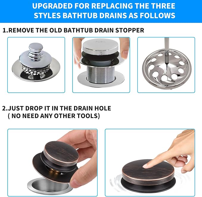 Bathtub Drain Stopper, Tub Plug for 1.5"-1.72" Regular Drains | Universal Pop Up Tub Stopper Replacement for Tip Toe/Trip Lever/Lift&Turn Tub Drains, 3 O-Rings, Oil Rubbed Bronze