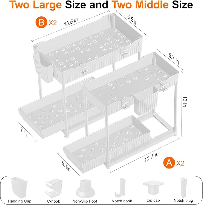 Sevenblue Under Sink Organizer, Bathroom Organizers and Storage, 2 Tier Multi-Use Pull Out Cabinet Organizer with Hang Hooks and Cups (White, 12.8 Inch)