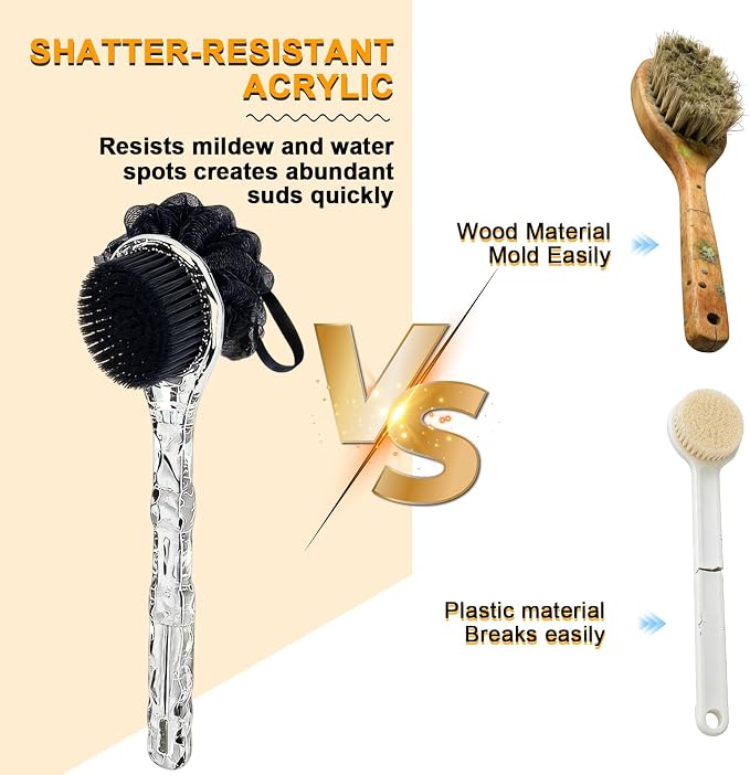 Long Handle Back Scrubber,Dual-Sided for Exfoliation & Deep Cleansing(Black | For Back & Legs & Feet, Non-slip textured handle, Rich Lather,Easy Hanging, For All Skin Types