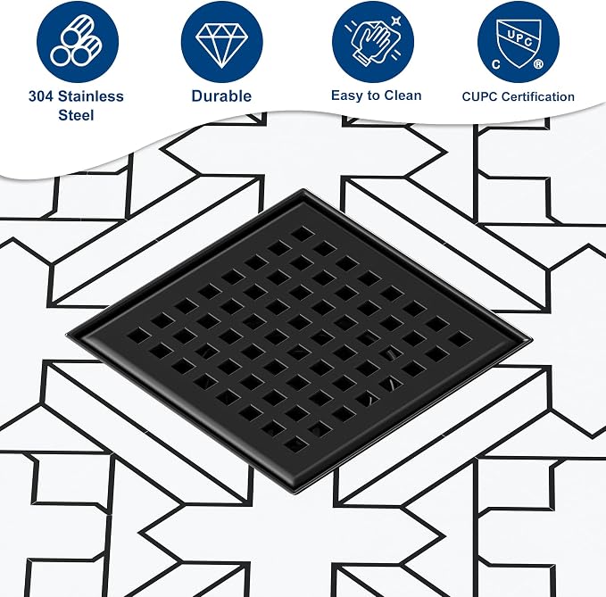Neodrain 4 Inch Black Square Drain, 304 Stainless Steel Shower Drain Kits with PVC Base, Removable Cover Hair Catcher Strainer for Bathroom Floor Drain, Matte Black