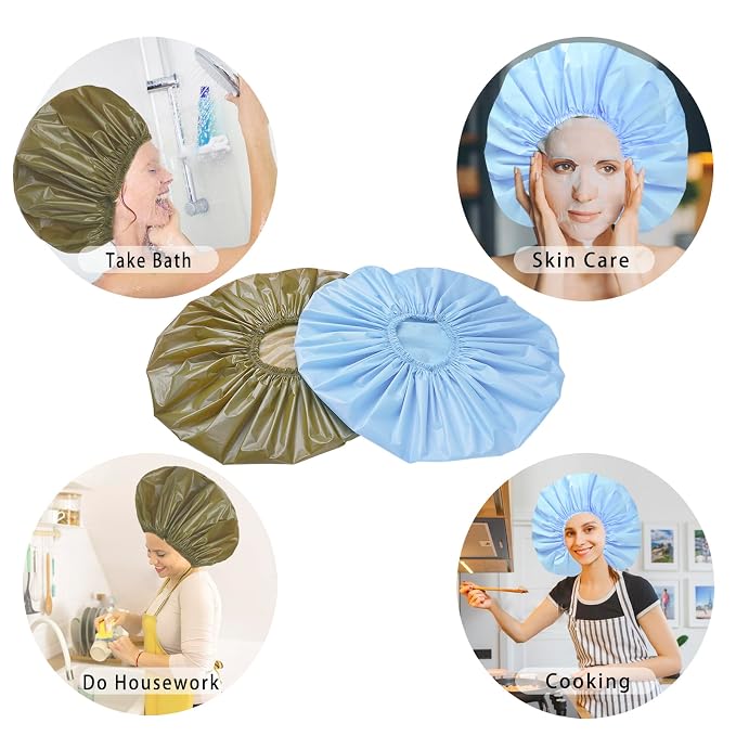 Super Jumbo Shower Cap for Women, 2 PCS Waterproof Hair Caps for Locs | Extra Large, Double Side Reusable PEVA Bath Cap, Washable, Holds Long Thick Twist Braid - Blue+Green