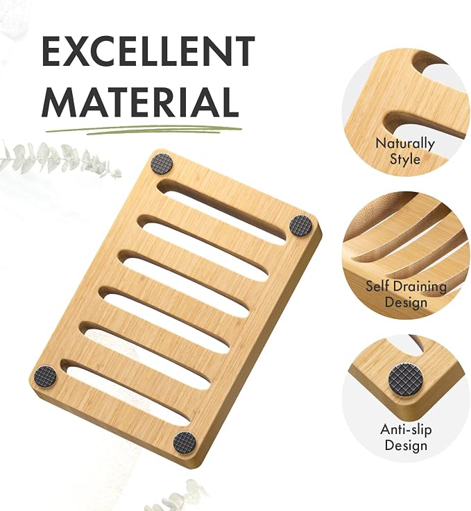 AmazerBath Soap Holder Soap Dish, Bamboo Soap Dish, 2 Pack Wood Bar Soap Holder for Shower, Trays Self Draining, Soap Saver for Shower, Bathroom, Kitchen(Natural Color)
